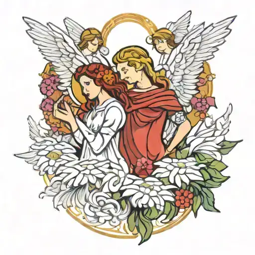 angels with wings spread with liz flowers around renaissance style tattoo design idea