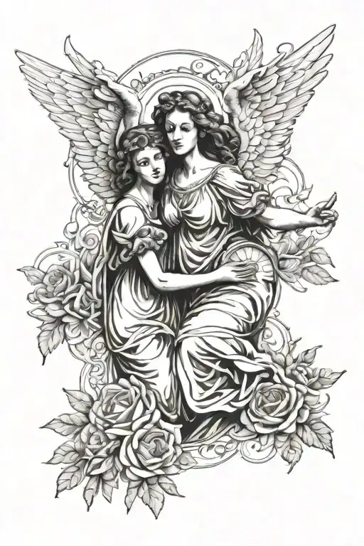 angels with wings spread with liz flowers around renaissance style tattoo design idea