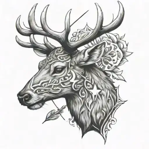 half deer head with arrow in half then a fish  tattoo design idea