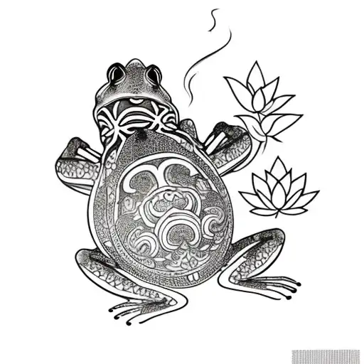 lotus flower and frog smoking suminagachi tattoo design idea