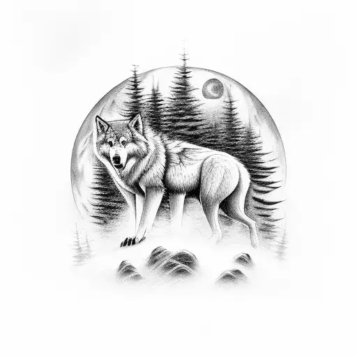 Forest with full moon and wolfs tattoo design idea