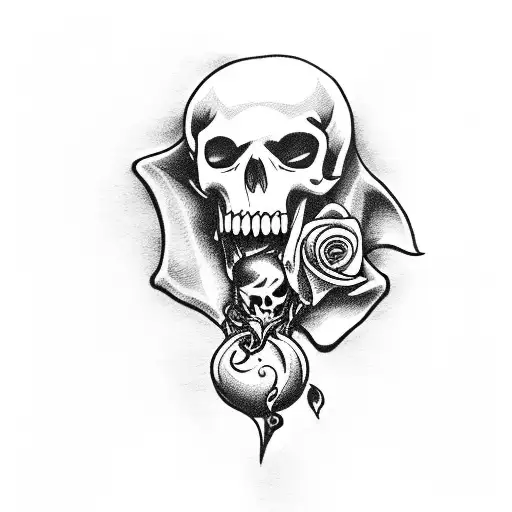 A seductive vampire pirate holding a skull with a rose in its mouth tattoo design idea