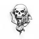 A seductive vampire pirate holding a skull with a rose in its mouth tattoo design idea