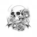 A seductive vampire pirate holding a skull with a rose in its mouth tattoo design idea