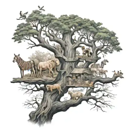 family tree sleeve with a lot of animals  tattoo design idea