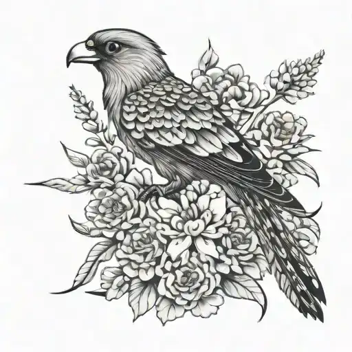 Guatemala Quetzal bird with marigold flowers growing tattoo design idea