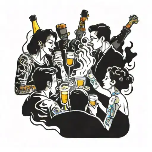 A vibrant and colorful party scene with smoke and drinks swirling around, encapsulating the essence of living life to the fullest tattoo design idea