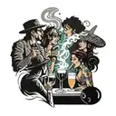 A vibrant and colorful party scene with smoke and drinks swirling around, encapsulating the essence of living life to the fullest tattoo design idea