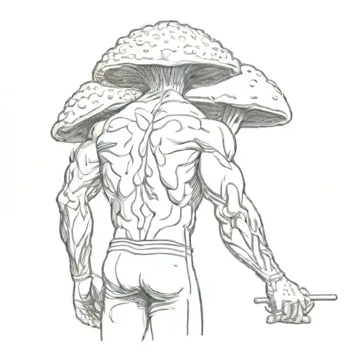 A muscular man with a mushroom for a head facing away, holding a thyrsus tattoo design idea