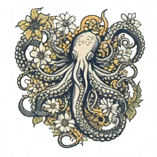 Giant Octopus surrounded by daisys and honeybees  tattoo design idea