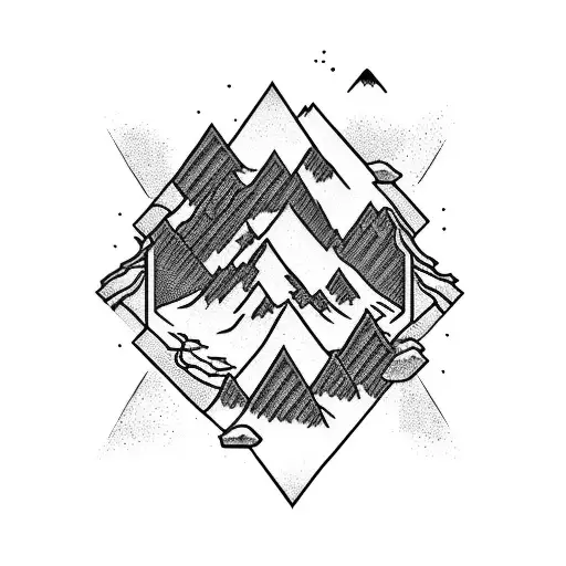A mountain landscape with hiking trails winding through it, with hidden video game Easter eggs along the way tattoo design idea