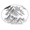 A mountain landscape with hiking trails winding through it, with hidden video game Easter eggs along the way tattoo design idea