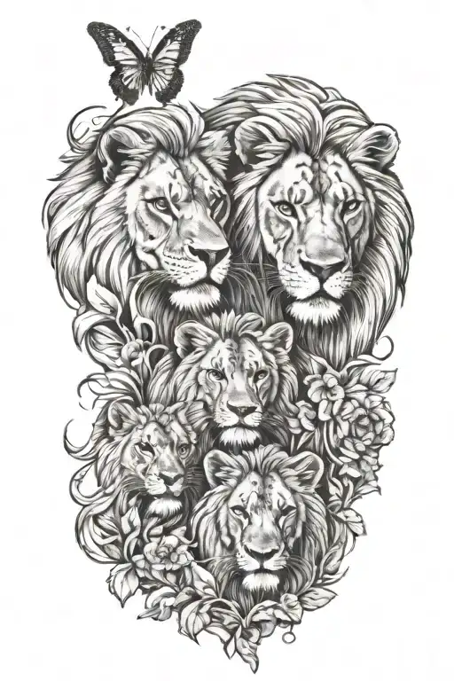 pride of lions with 3 cubs 1 cub playing with butterfly tattoo design idea