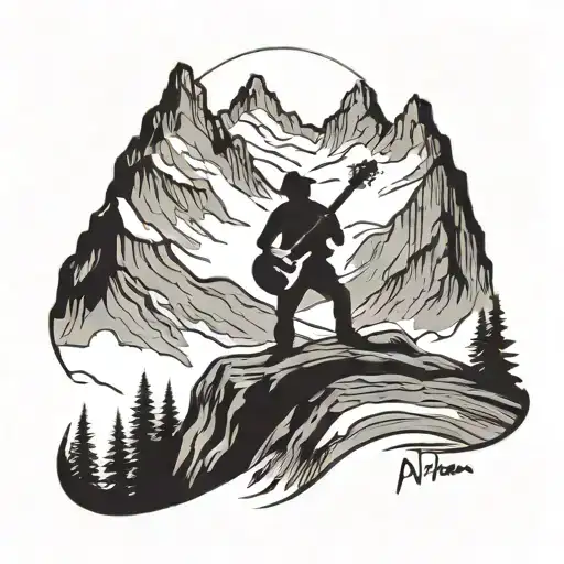 A minimalist black-grey tattoo of a silhouette of a person playing guitar on a mountain peak tattoo design idea