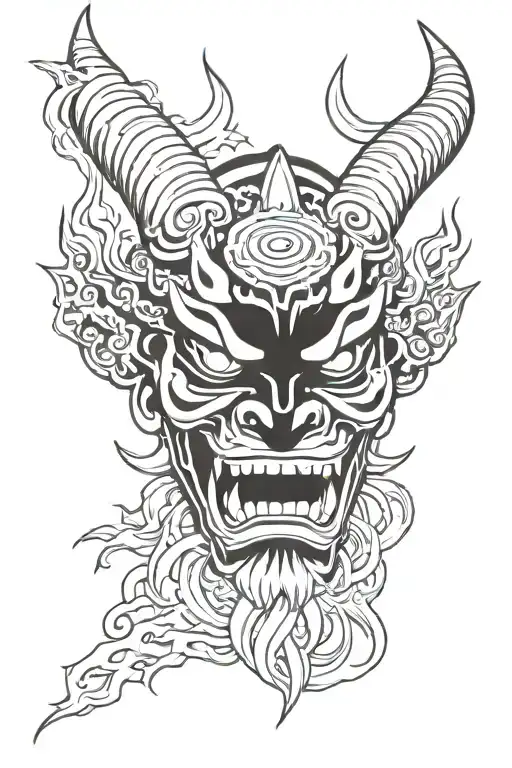Not to wide, original design, japanese oni mask, lightning, smoke, tattoo design idea