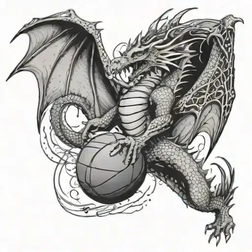 A majestic dragon playing basketball on a court with musical notes flowing from its wings, symbolizing the client's passions tattoo design idea