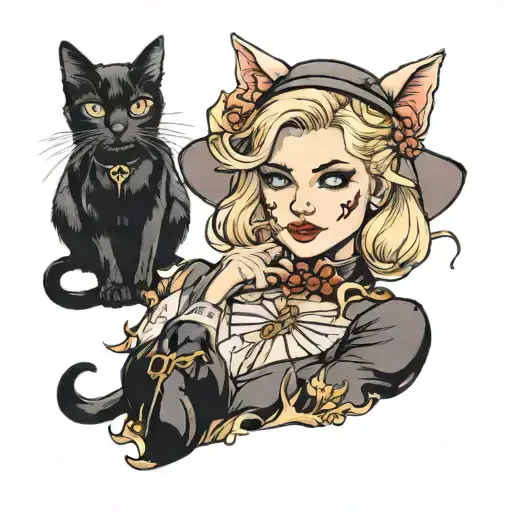 black cat bites blonde woman  tattoo design idea