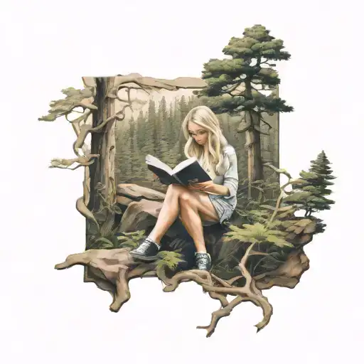 Blonde girl reading a book at forest landscape tattoo design idea