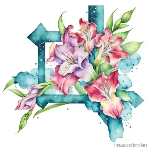 Gladiolus flower around cross with Virgo and Gemini constellation  tattoo design idea