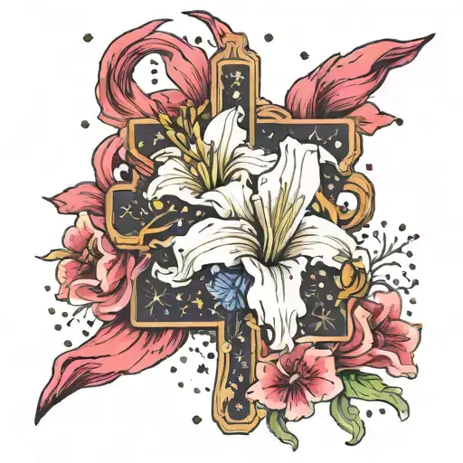 Gladiolus flower around cross with Virgo and Gemini constellation  tattoo design idea
