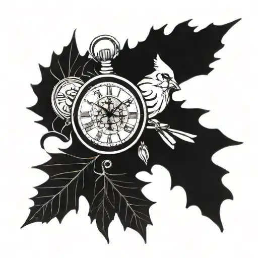 Clock with 10:21 PM with cardinal and maple leaf intertwined tattoo design idea