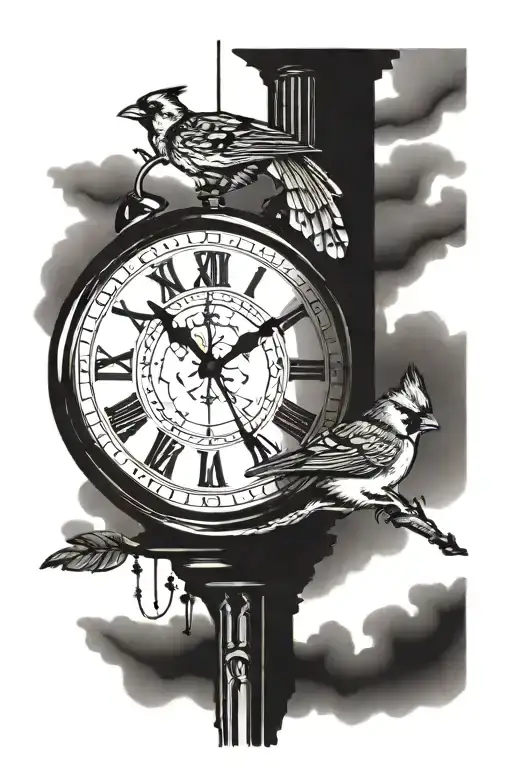 Clock with 10:21 PM as main focus. With a small cardinal and a small CN tower tattoo design idea