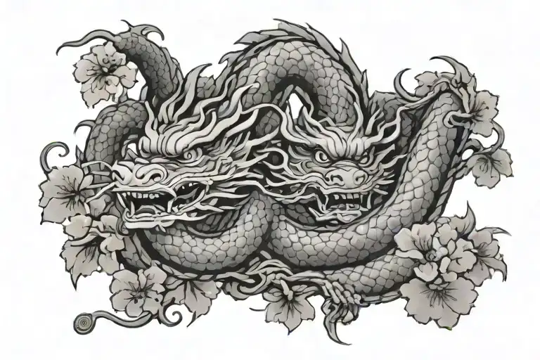 A Japanese dragon coiled around a sakura tree tattoo design idea