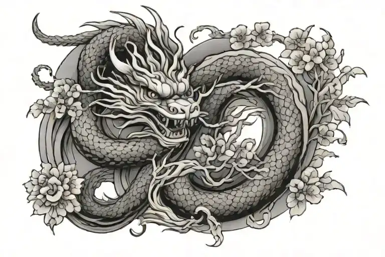 A Japanese dragon coiled around a sakura tree tattoo design idea