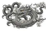 A Japanese dragon coiled around a sakura tree tattoo design idea
