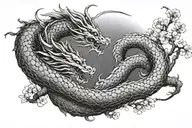 A Japanese dragon coiled around a sakura tree tattoo design idea