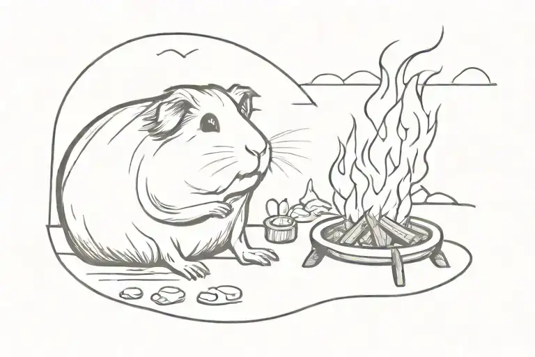 guinea pig roasting over a campfire scene tattoo design idea