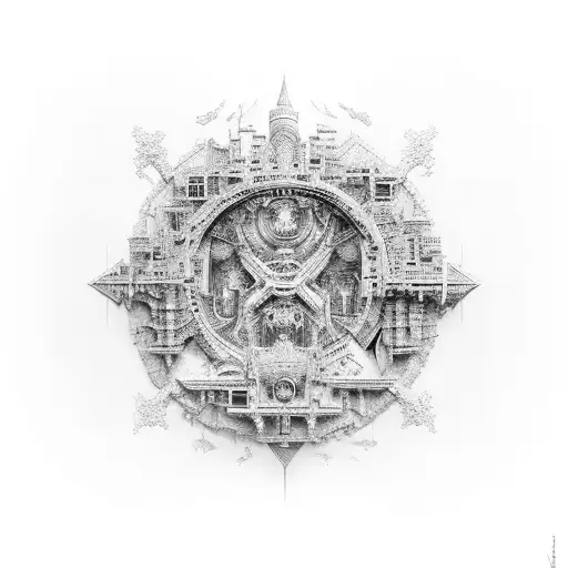 A majestic castle with hidden codes and programming symbols, representing the fusion of fantasy and technology tattoo design idea