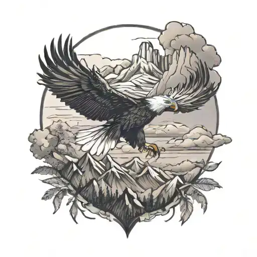 Nature-inspired black and grey design featuring a majestic eagle soaring over a mountain range tattoo design idea