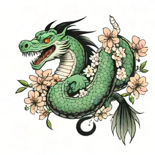 haku from spirited away surrounded by few sakura flowers tattoo design idea