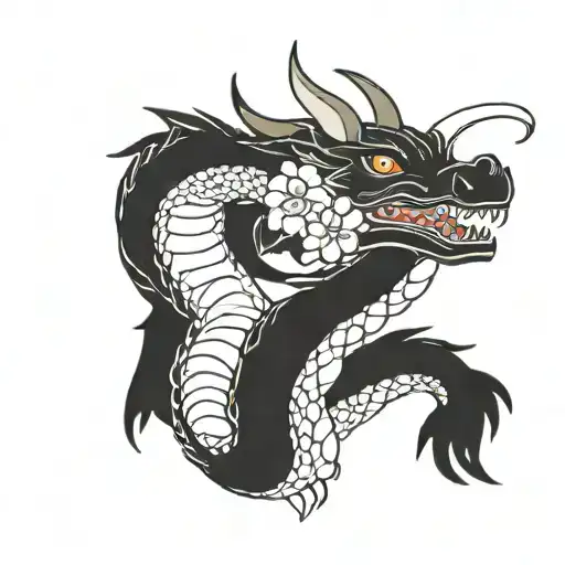 beautiful haku dragon from spirited away in vertical space surrounded by few sakura flowers tattoo design idea