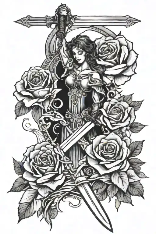 sword and rose angel tattoo design idea