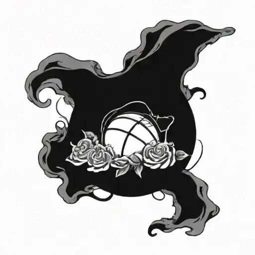 A basketball morphing into a pile of money, with a background of roses and skulls tattoo design idea