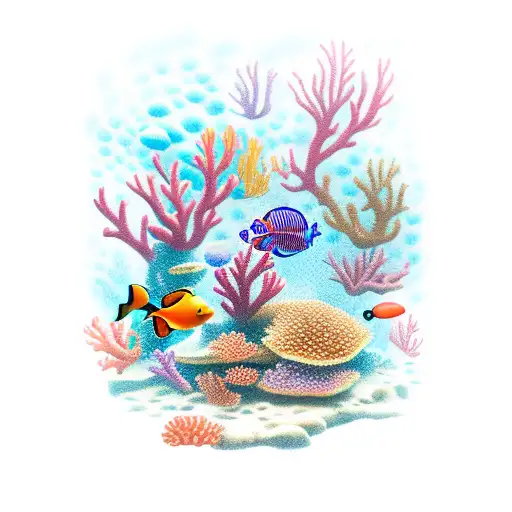 An underwater scene with colorful coral reefs and diverse marine life tattoo design idea