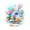 An underwater scene with colorful coral reefs and diverse marine life tattoo design idea