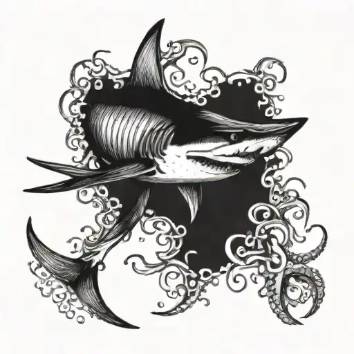 a shark that swims after an octopus with money in its tentacles tattoo design idea