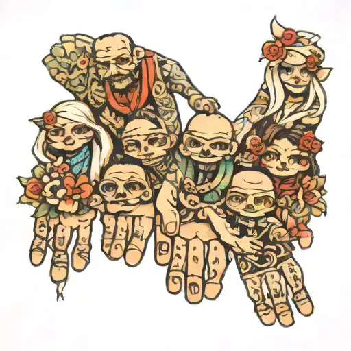 9 members of family holding hands tattoo design idea