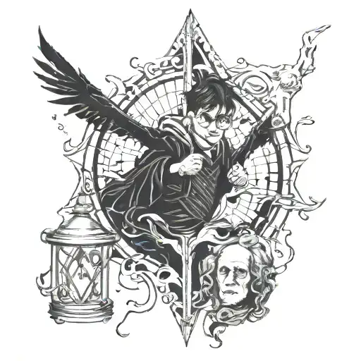 Harry Potter defeated Voldemort against the background of the school tattoo design idea