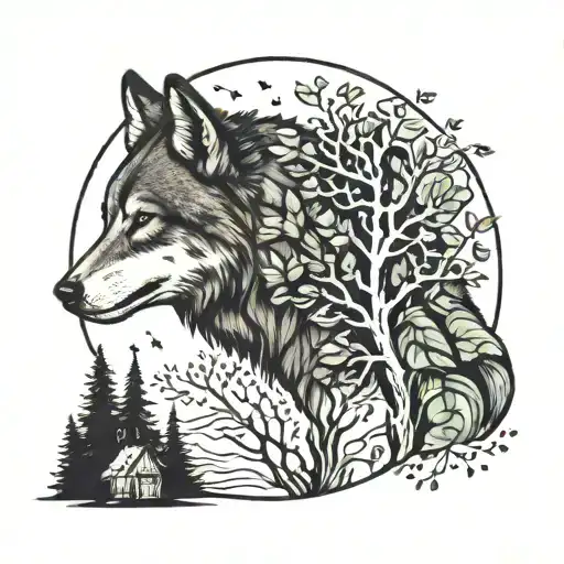 wolf and nature elements like trees mandela style mixed tattoo design idea