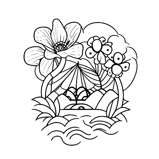 A minimalistic tattoo of a serene camping scene surrounded by flowers tattoo design idea