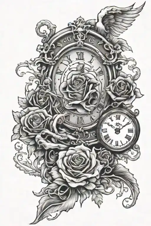 Crying mary rose intertwined time clock and bones emerging tattoo design idea