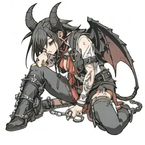 Sexy Anime Succubus On Her Knees Chained Down Hands Behind her Back Wearing Little Clothing  and a collar - BDSM tattoo design idea