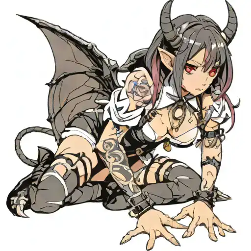 Sexy Anime Succubus On Her Knees Chained Down Hands Behind her Back Wearing Little Clothing  and a collar - BDSM tattoo design idea