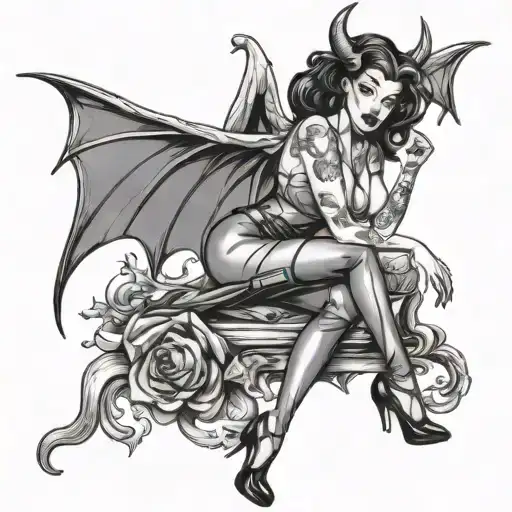 BDSM Sexy devil girl with devil wings and little clothing - pin up style - black and white - pinup style tattoo design idea
