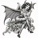 BDSM Sexy devil girl with devil wings and little clothing - pin up style - black and white - pinup style tattoo design idea