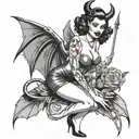 BDSM Sexy devil girl with devil wings and little clothing - pin up style - black and white - pinup style tattoo design idea